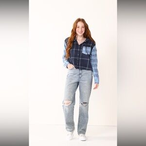 SO Cropped Plaid Button Down Hoodie